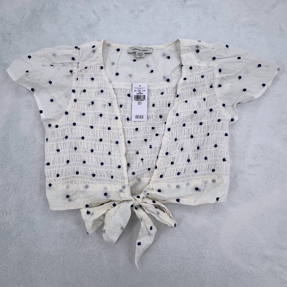 New American Eagle White Polka Dot Tie Front Crop Top Small Smocked Back V Neck